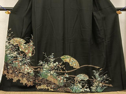 平和屋着物■豪華黒留袖　地紙流水花文　金彩　正絹　逸品　BAAY6622hj