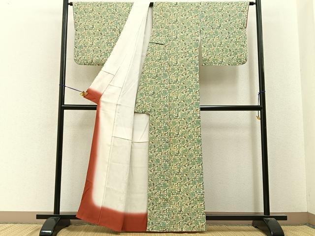 平和屋着物■上質な小紋　型染め　飛鳥蔦の葉文　鬼しぼ縮緬　正絹　逸品　BAAY6650hj