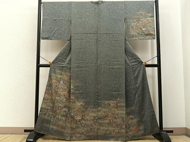 平和屋着物■訪問着　御所車花文　たたき染め　黒地　金彩　やまと誂製　正絹　逸品　BAAY6669hj