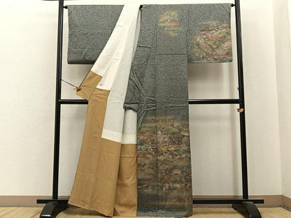 平和屋着物■訪問着　御所車花文　たたき染め　黒地　金彩　やまと誂製　正絹　逸品　BAAY6669hj