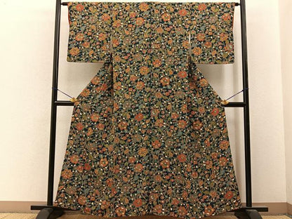平和屋着物■上質な小紋　草花文　濃紺地　鬼しぼ縮緬　正絹　逸品　BAAY6677hj
