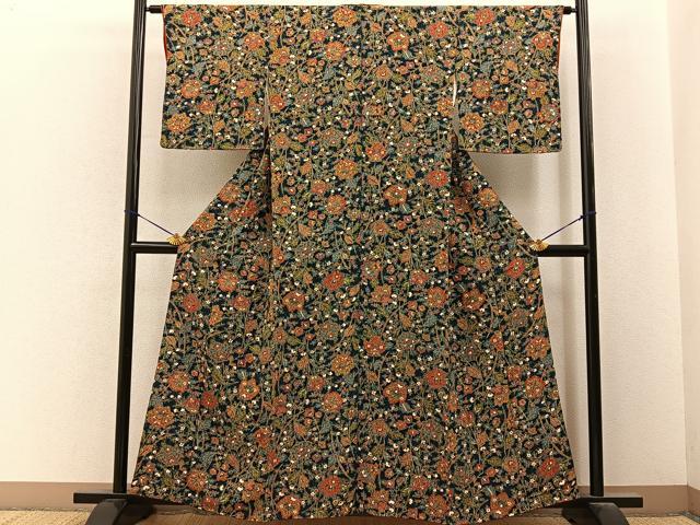 平和屋着物■上質な小紋　草花文　濃紺地　鬼しぼ縮緬　正絹　逸品　BAAY6677hj