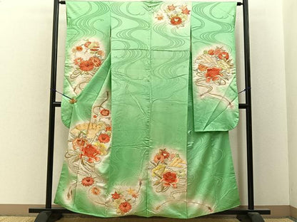 平和屋着物■豪華振袖　駒刺繍　総刺繍　扇面花文　暈し染め　金銀彩　正絹　逸品　BAAY6690hj
