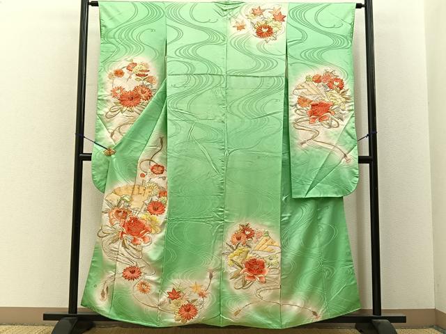 平和屋着物■豪華振袖　駒刺繍　総刺繍　扇面花文　暈し染め　金銀彩　正絹　逸品　BAAY6690hj