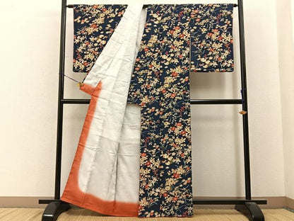 平和屋着物■上質な小紋　秋草文　濃紺地　正絹　逸品　未使用　BAAY6693hj