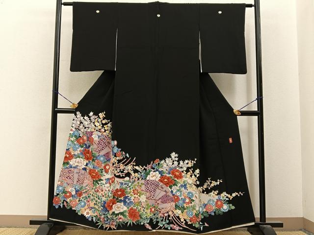 平和屋着物■豪華黒留袖　友禅　作家物　檜扇花文　正絹　逸品　BAAY6712hj