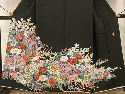 平和屋着物■豪華黒留袖　友禅　作家物　檜扇花文　正絹　逸品　BAAY6712hj