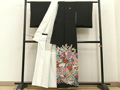 平和屋着物■豪華黒留袖　友禅　作家物　檜扇花文　正絹　逸品　BAAY6712hj