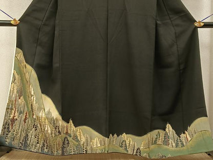 平和屋着物■豪華黒留袖　刺繍　樹林文　金彩　正絹　逸品　BAAY6719hj