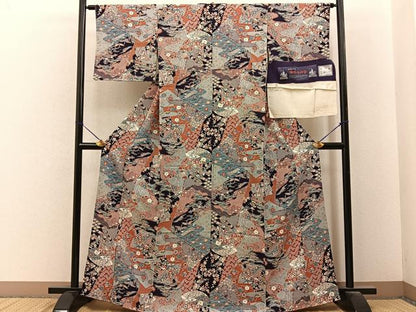 平和屋着物■上質な小紋　加賀のお国染　地紙花鳥文　金彩　反端付き　正絹　逸品　未使用　BAAY6722hj