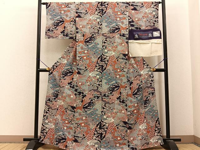 平和屋着物■上質な小紋　加賀のお国染　地紙花鳥文　金彩　反端付き　正絹　逸品　未使用　BAAY6722hj