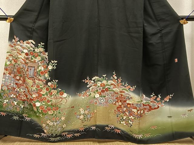 平和屋着物■豪華黒留袖　作家物　駒刺繍　御所車花文　暈し染め　金彩　正絹　逸品　BAAY6731hj