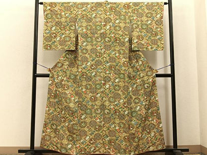 平和屋着物■上質な小紋　菱天井花文　金彩　正絹　逸品　未使用　BAAY6744hj