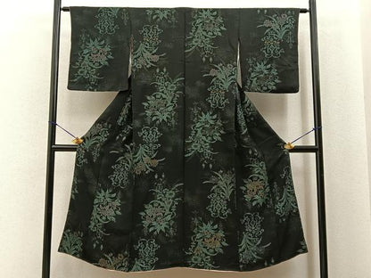 平和屋着物■上質な小紋　寿光織　飾花文　黒地　金銀糸　正絹　逸品　BAAY6753hj