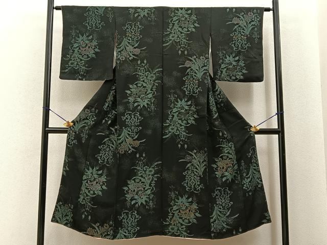 平和屋着物■上質な小紋　寿光織　飾花文　黒地　金銀糸　正絹　逸品　BAAY6753hj