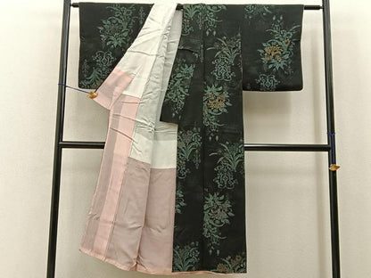 平和屋着物■上質な小紋　寿光織　飾花文　黒地　金銀糸　正絹　逸品　BAAY6753hj
