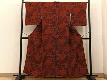 平和屋着物■上質な小紋　型染め　切嵌吉祥花文　お召縮緬　正絹　逸品　BAAY6756hj