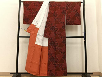 平和屋着物■上質な小紋　型染め　切嵌吉祥花文　お召縮緬　正絹　逸品　BAAY6756hj