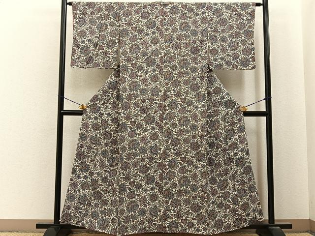 平和屋着物■上質な小紋　更紗花文　鬼しぼ縮緬　正絹　逸品　BAAY6772hj