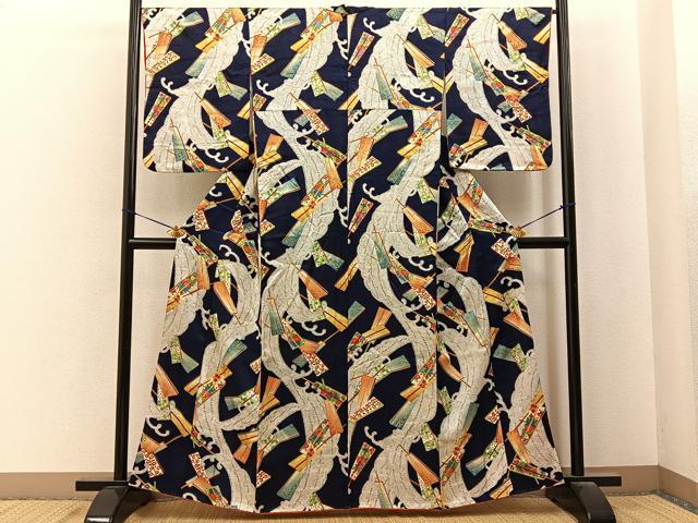 平和屋着物■上質な小紋　立波扇花文　金彩　正絹　逸品　BAAY6776hj