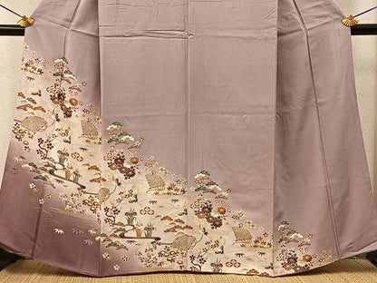 平和屋着物■訪問着　飛鶴吉祥花文　暈し染め　金彩　正絹　逸品　BAAY6787hj