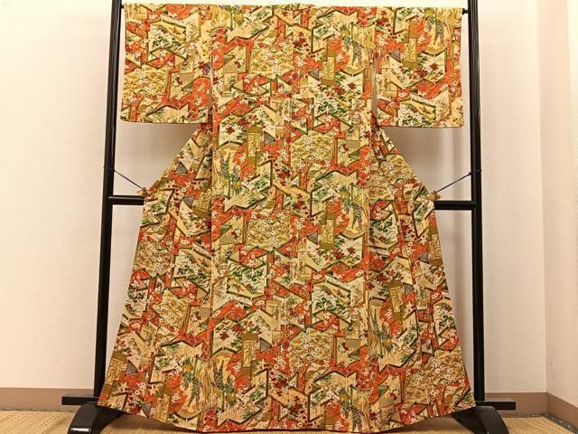 平和屋着物■上質な小紋　屏風花文　金彩　鬼しぼ縮緬　正絹　逸品　BAAY6789hj