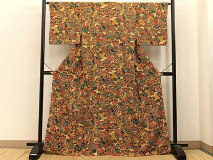平和屋着物■上質な小紋　型染め　風景花文　正絹　逸品　BAAY6794hj