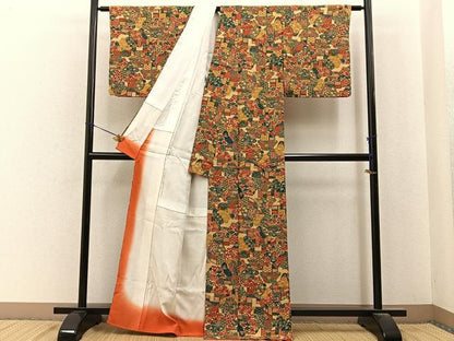 平和屋着物■上質な小紋　型染め　風景花文　正絹　逸品　BAAY6794hj