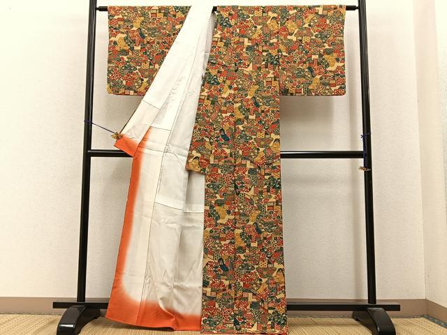 平和屋着物■上質な小紋　型染め　風景花文　正絹　逸品　BAAY6794hj