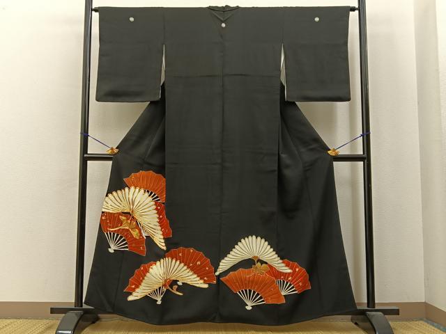 平和屋着物■豪華黒留袖　駒刺繍　扇面裏菊文　金彩　正絹　逸品　BAAY6799hj