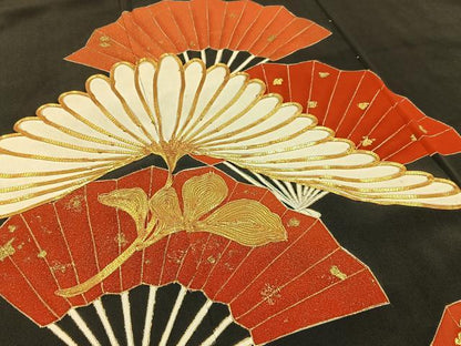 平和屋着物■豪華黒留袖　駒刺繍　扇面裏菊文　金彩　正絹　逸品　BAAY6799hj