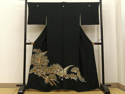 平和屋着物■豪華黒留袖　総刺繍　松に尾長鶏　金糸　正絹　逸品　BAAY6813hj