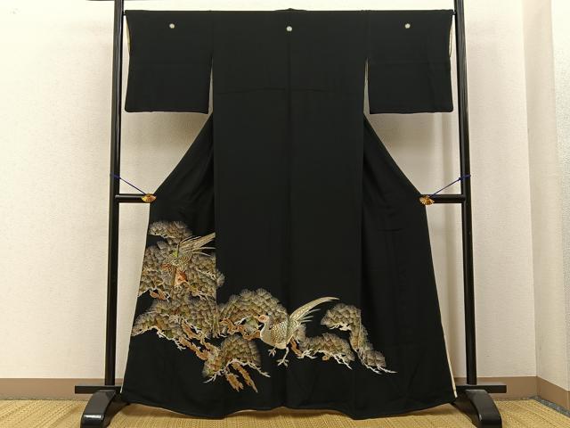 平和屋着物■豪華黒留袖　総刺繍　松に尾長鶏　金糸　正絹　逸品　BAAY6813hj