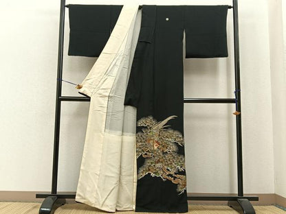 平和屋着物■豪華黒留袖　総刺繍　松に尾長鶏　金糸　正絹　逸品　BAAY6813hj