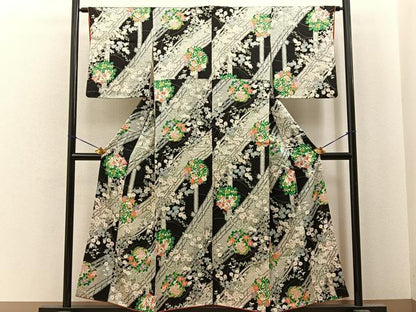 平和屋着物■上質な小紋　渡橋鹿の子花文　黒地　金彩　正絹　逸品　BAAY6815hj