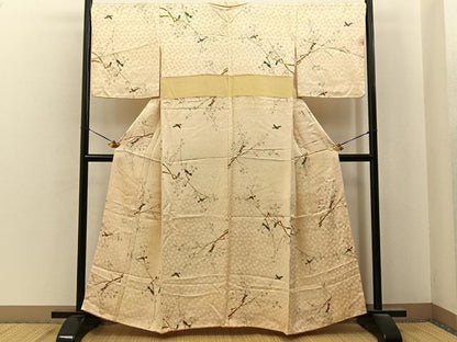 平和屋着物■上質な小紋　手描き　休み鳥枝花文　正絹　逸品　BAAY6820hj