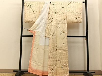 平和屋着物■上質な小紋　手描き　休み鳥枝花文　正絹　逸品　BAAY6820hj