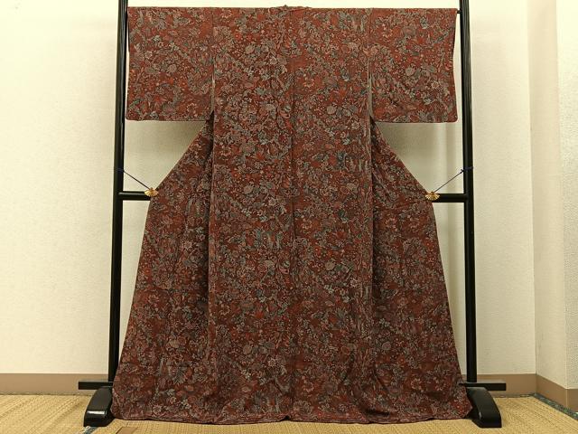 平和屋着物■上質な小紋　花鳥文　鬼しぼ縮緬　ロング丈　正絹　逸品　BAAY6821hj