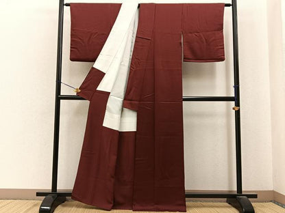 平和屋着物■上質な色無地　紗綾形地紋　海老茶色　正絹　逸品　BAAY6824hj