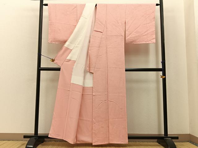 平和屋着物■上質な色無地　御所車風景地紋　珊瑚色　正絹　逸品　未使用　BAAY6825hj