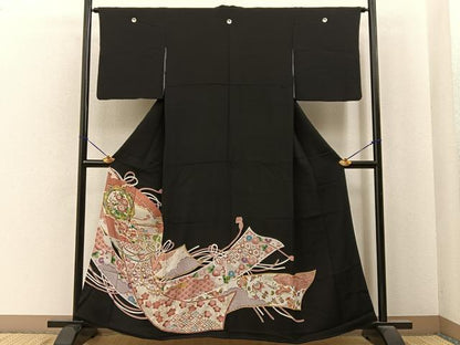 平和屋着物■豪華黒留袖　駒刺繍　檜扇吉祥花文　銀彩　正絹　逸品　BAAY6830hj