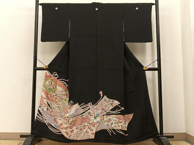 平和屋着物■豪華黒留袖　駒刺繍　檜扇吉祥花文　銀彩　正絹　逸品　BAAY6830hj