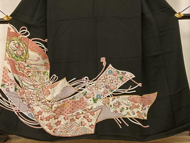 平和屋着物■豪華黒留袖　駒刺繍　檜扇吉祥花文　銀彩　正絹　逸品　BAAY6830hj