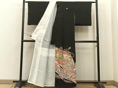 平和屋着物■豪華黒留袖　駒刺繍　檜扇吉祥花文　銀彩　正絹　逸品　BAAY6830hj