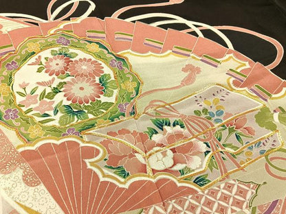 平和屋着物■豪華黒留袖　駒刺繍　檜扇吉祥花文　銀彩　正絹　逸品　BAAY6830hj