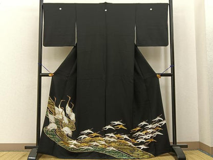 平和屋着物■豪華黒留袖　駒刺繍　群鶴　金彩　正絹　逸品　BAAY6833hj