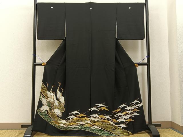 平和屋着物■豪華黒留袖　駒刺繍　群鶴　金彩　正絹　逸品　BAAY6833hj