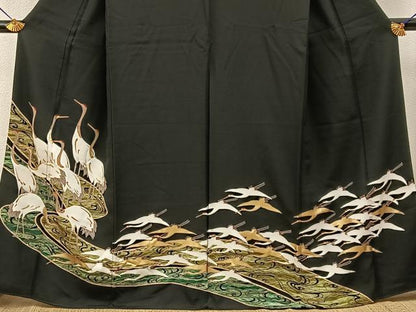 平和屋着物■豪華黒留袖　駒刺繍　群鶴　金彩　正絹　逸品　BAAY6833hj