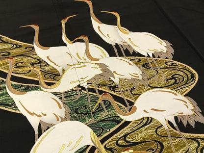 平和屋着物■豪華黒留袖　駒刺繍　群鶴　金彩　正絹　逸品　BAAY6833hj