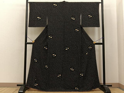 平和屋着物■上質な小紋　総絞り　枝葉文　黒地　正絹　逸品　未使用　BAAY6839hj